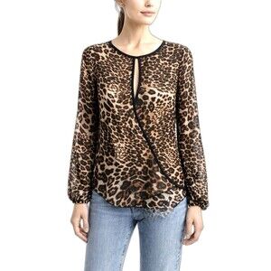 Line Up USA Leopard Print Sheer Blouse Keyhole Asym Top S
